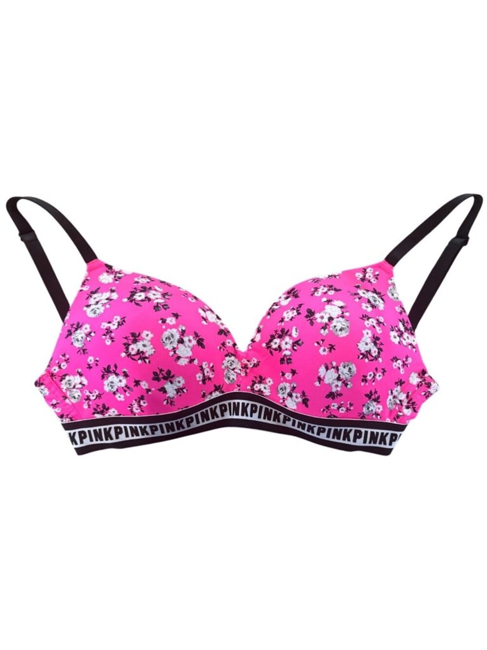 34DD Victoria's Secret Pink Floral Push-Up Padded Bra Black+White w/ Logo Trim